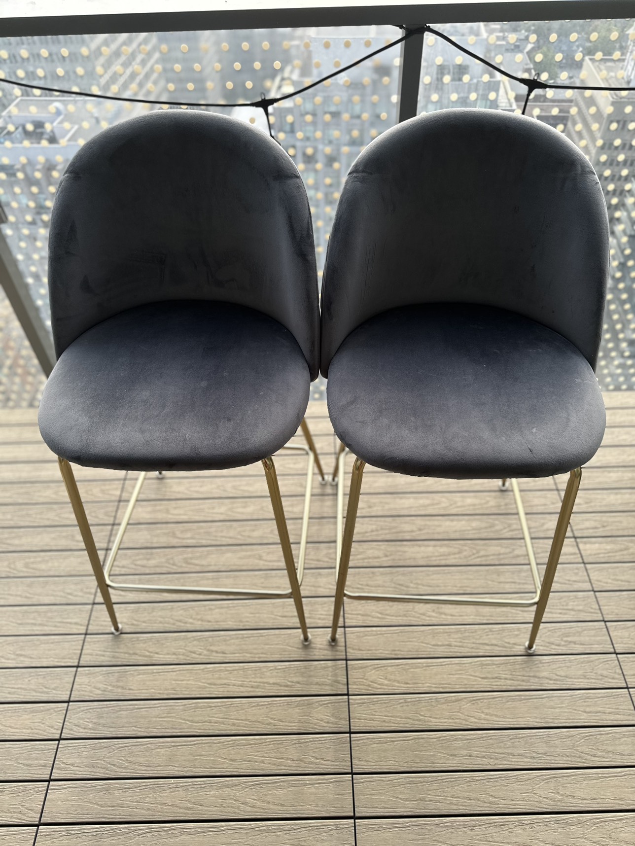 Barstools with gold legs and velvet fabric