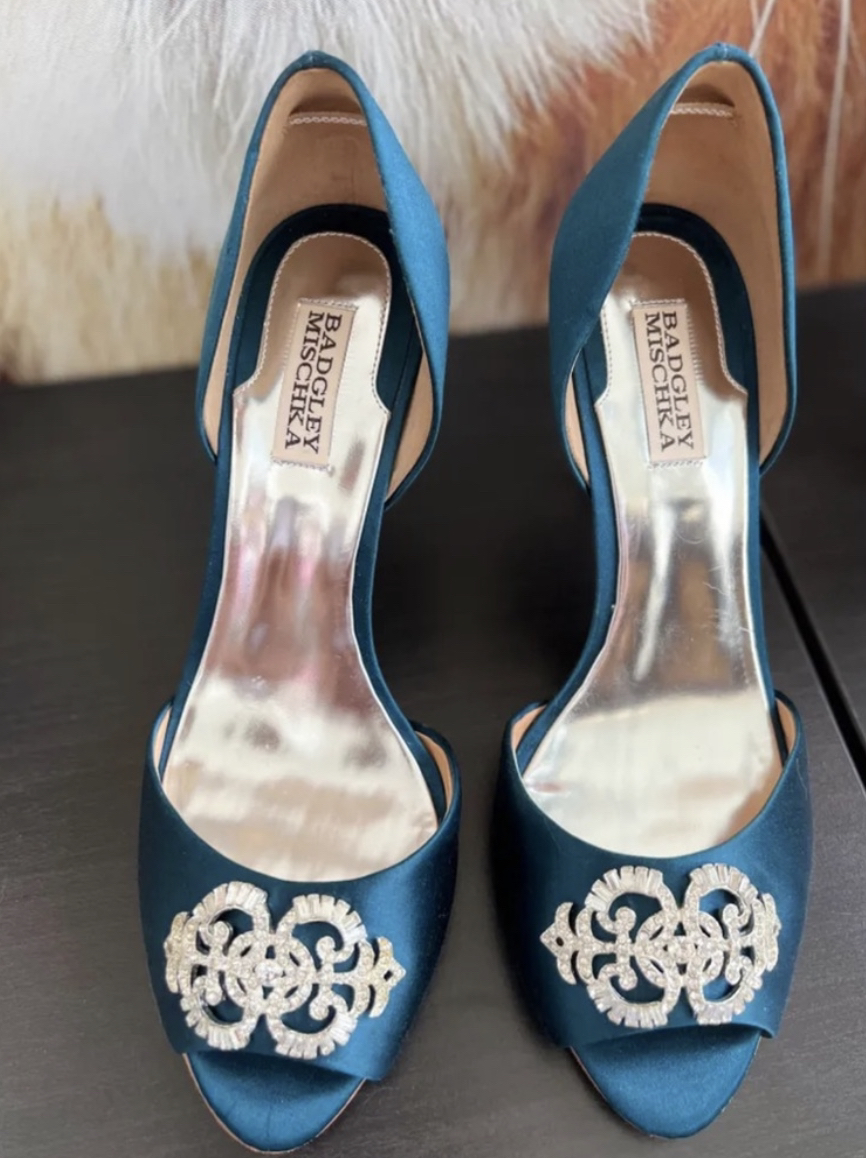 Blue Satin Crystal Embellished Open Toe Heels image indicator(2)