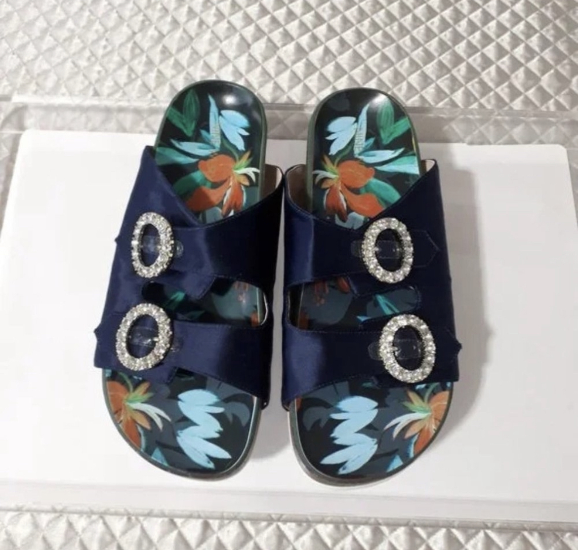 Nine West navy Satin slides with diamanté buckle