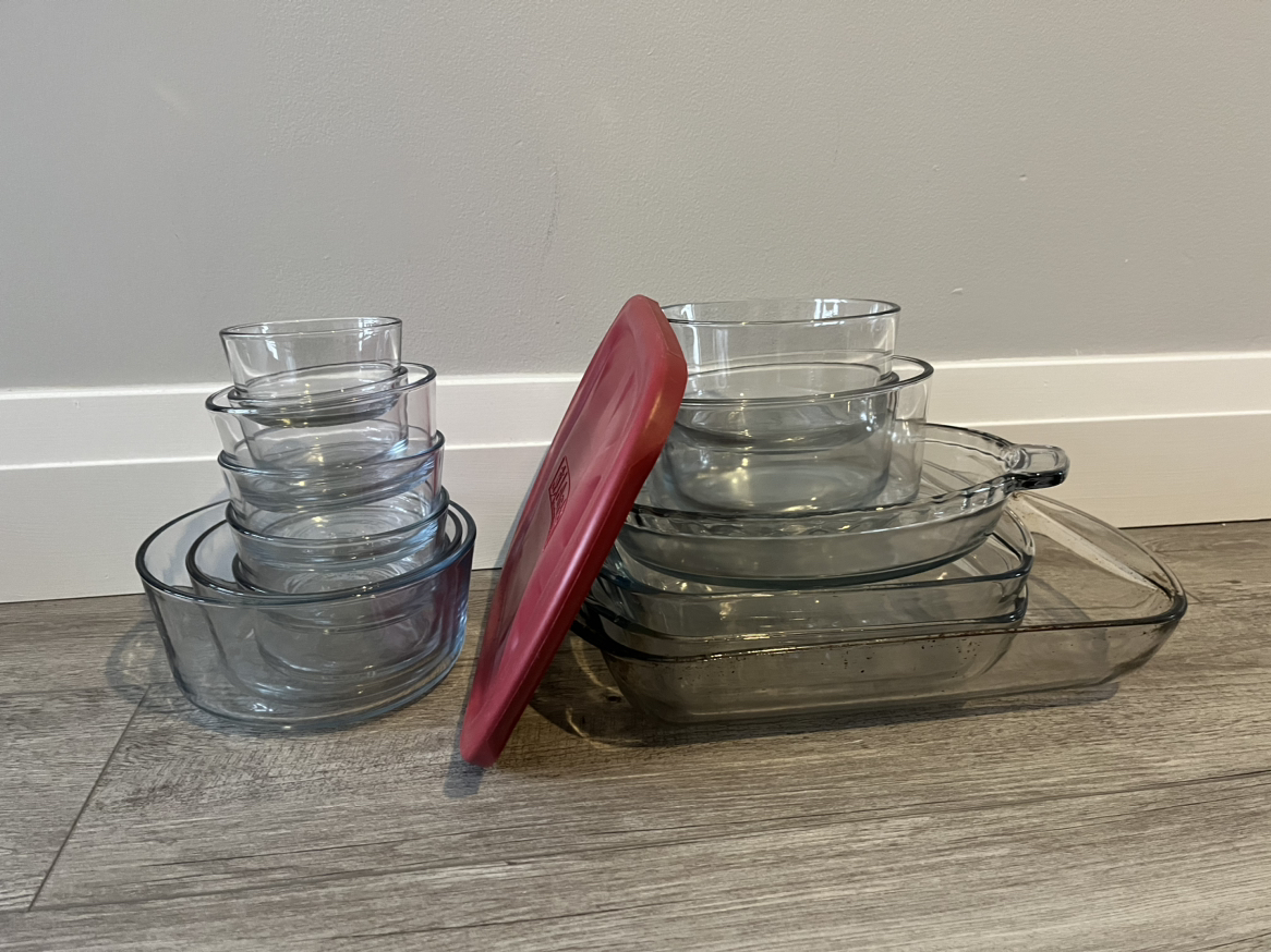 Glass food storage containers and cooking pans