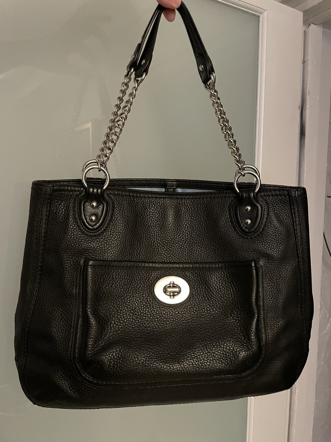 Coach Poppy Black Pebbled Leather Chain Handbag thumbnail