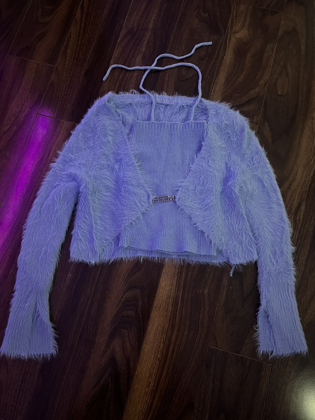 Fluffy blue sweater and knit top