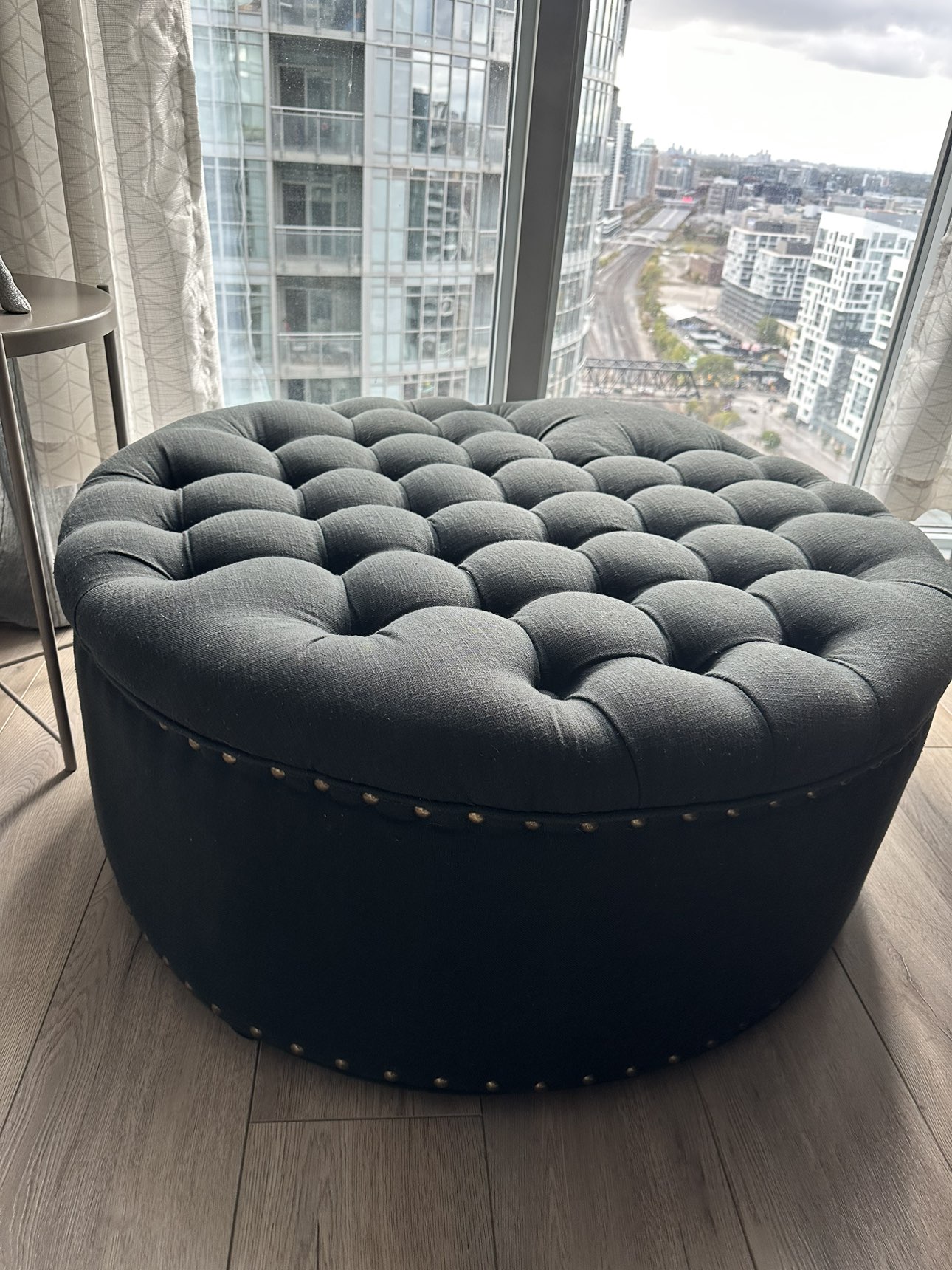Dark Grey Round Tufted Ottoman thumbnail