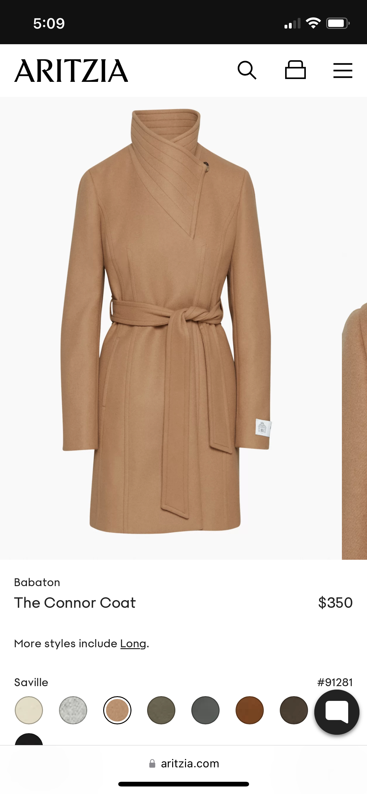 Aritzia connor coat in camel colour.