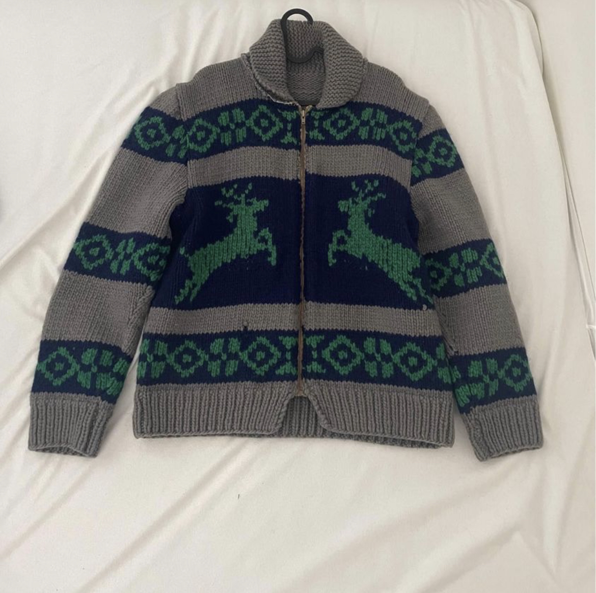 Vintage reindeer green blue grey sweater wool jacket