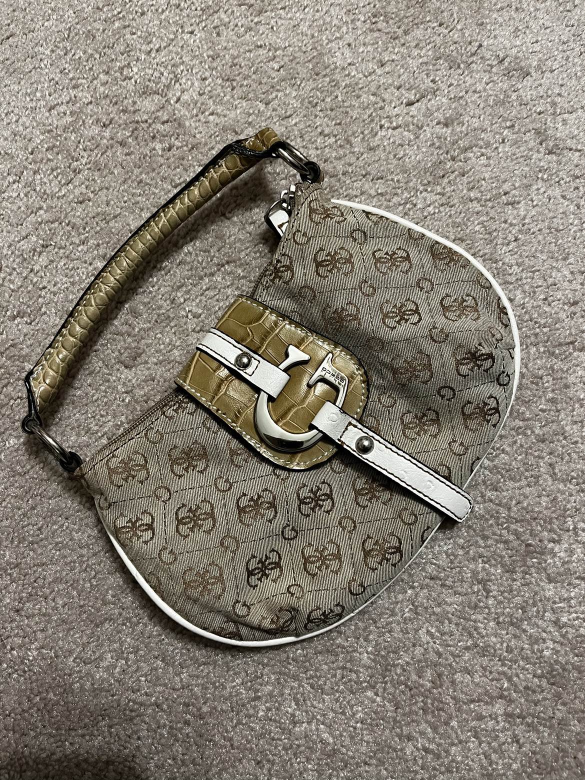 Guess mini purse/clutch - brown fabric Guess pattern & white thumbnail