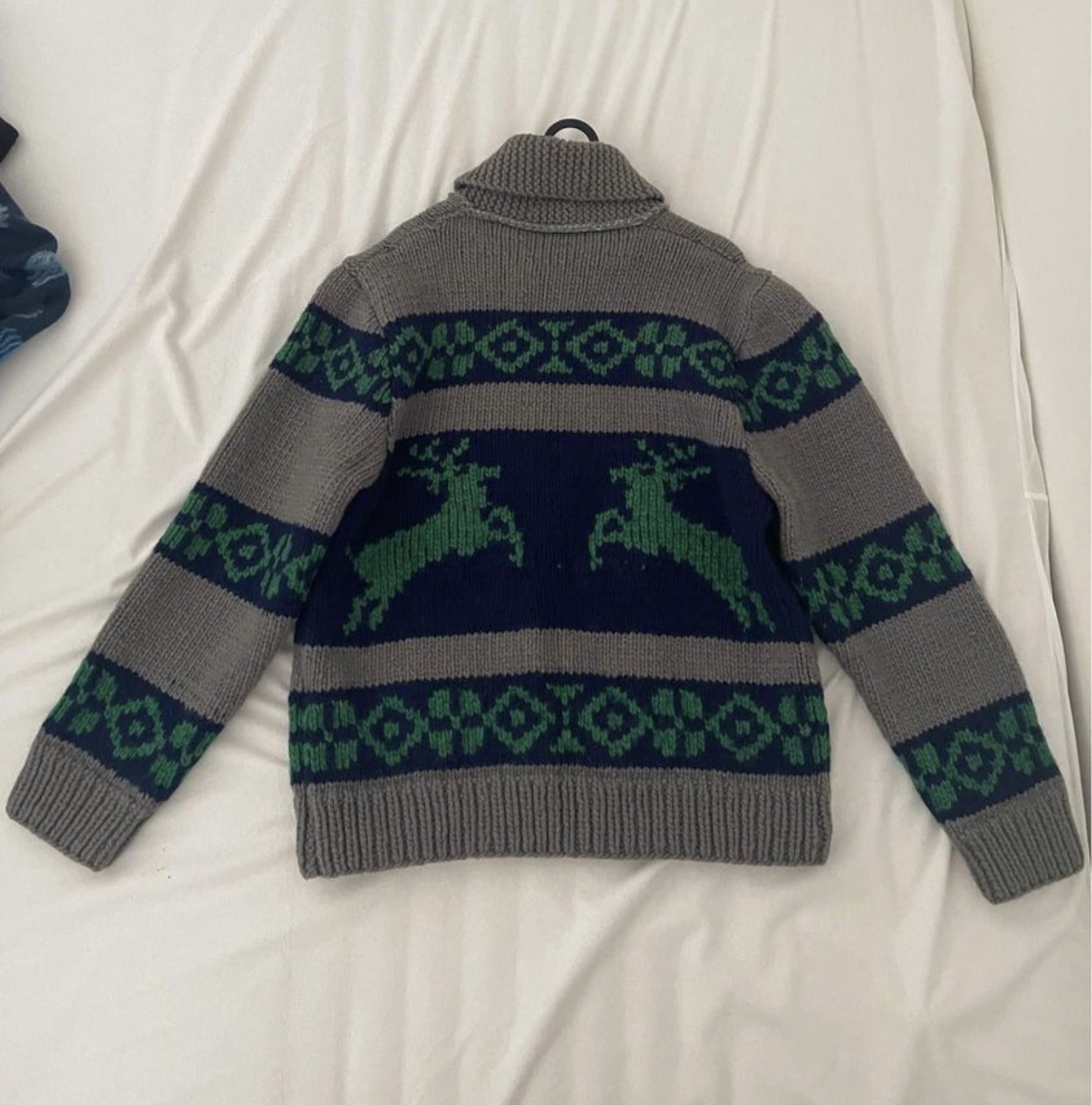 Vintage reindeer green blue grey sweater wool jacket - photo 2