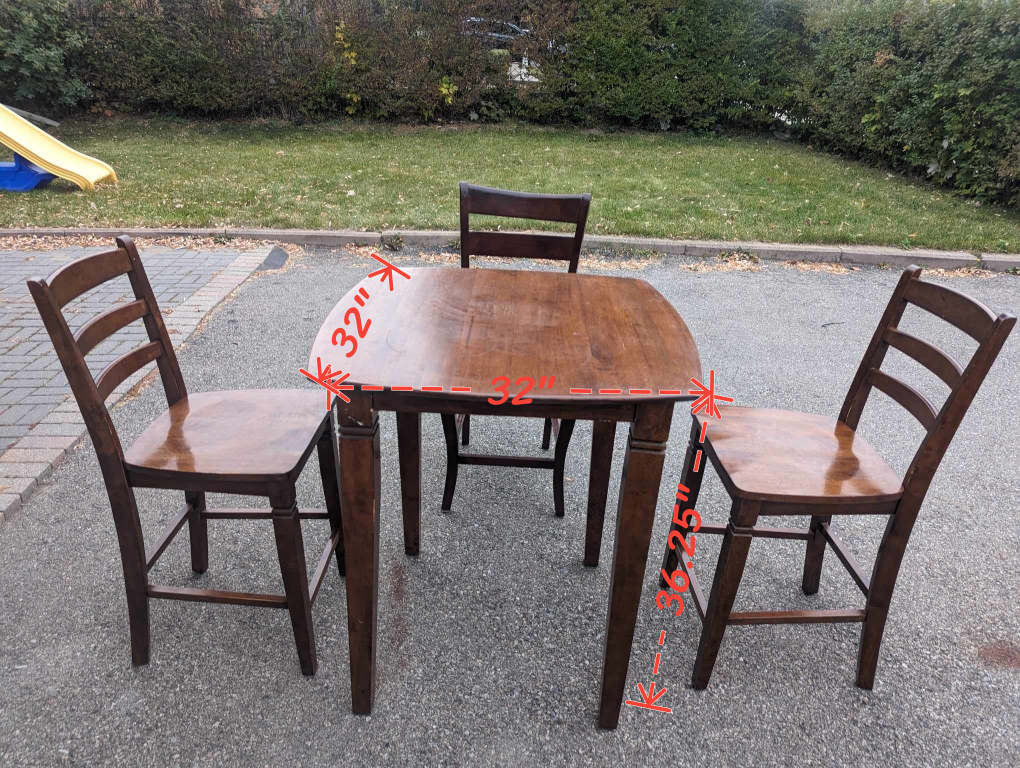 Solid wood square bar height table with 3 bar height chairs