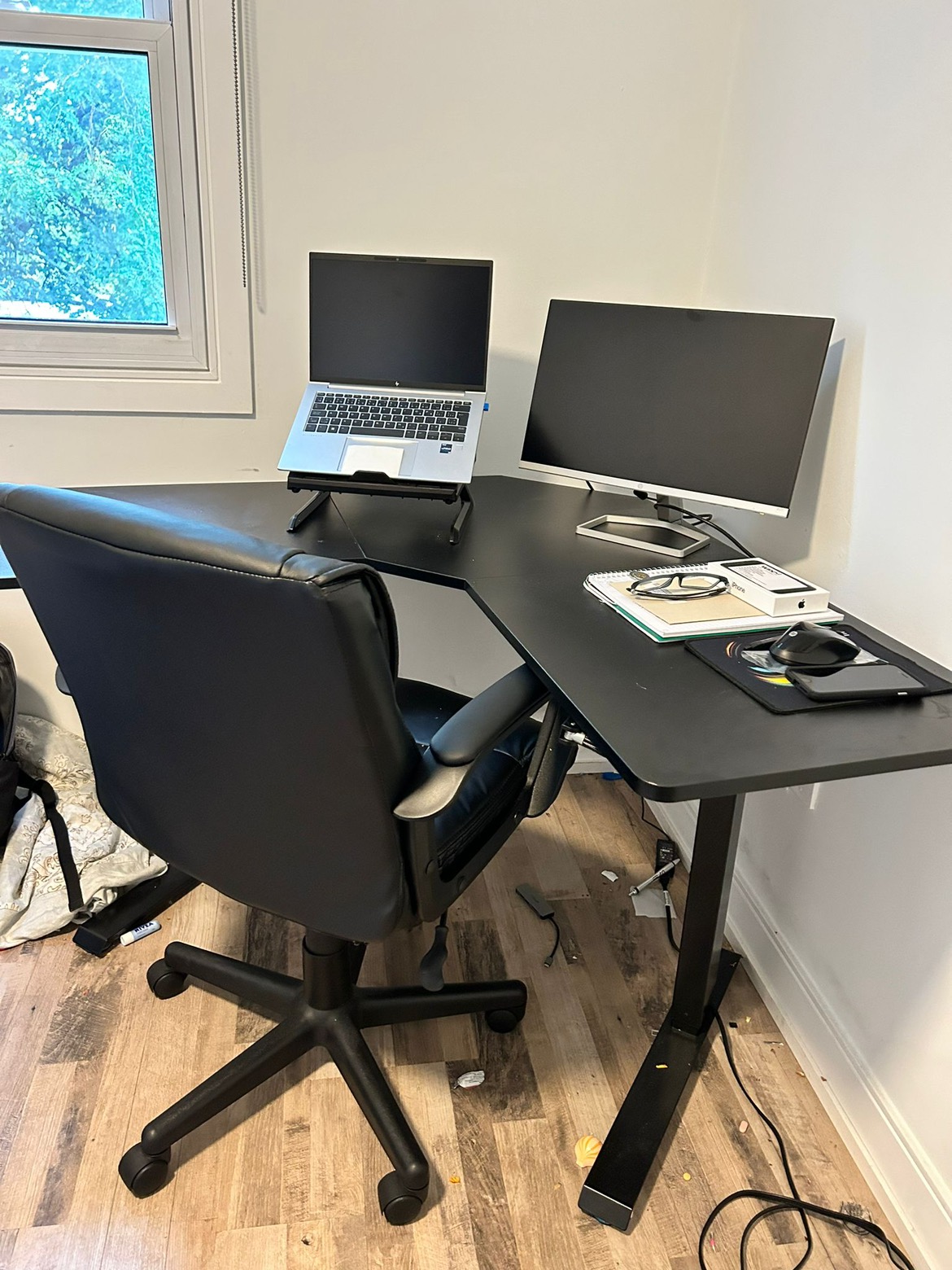 L shape office manual adjustable table
