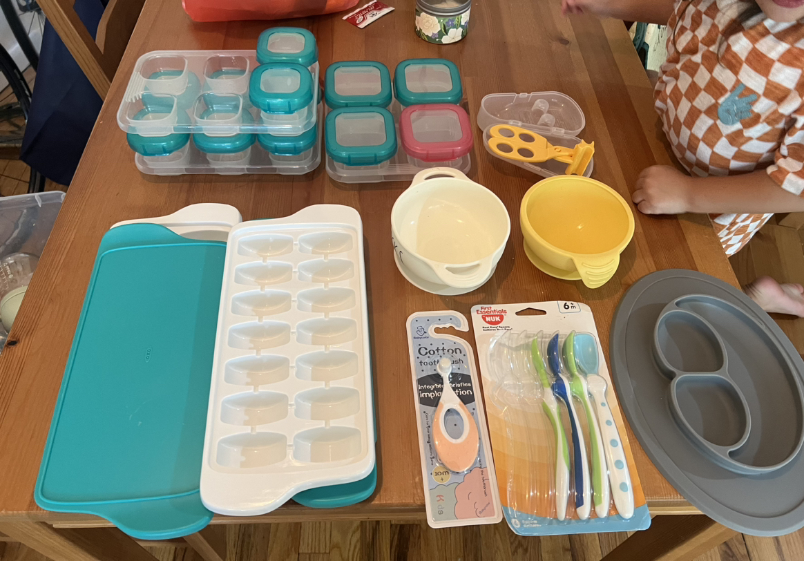 Baby food containers, cups, scissors etc
