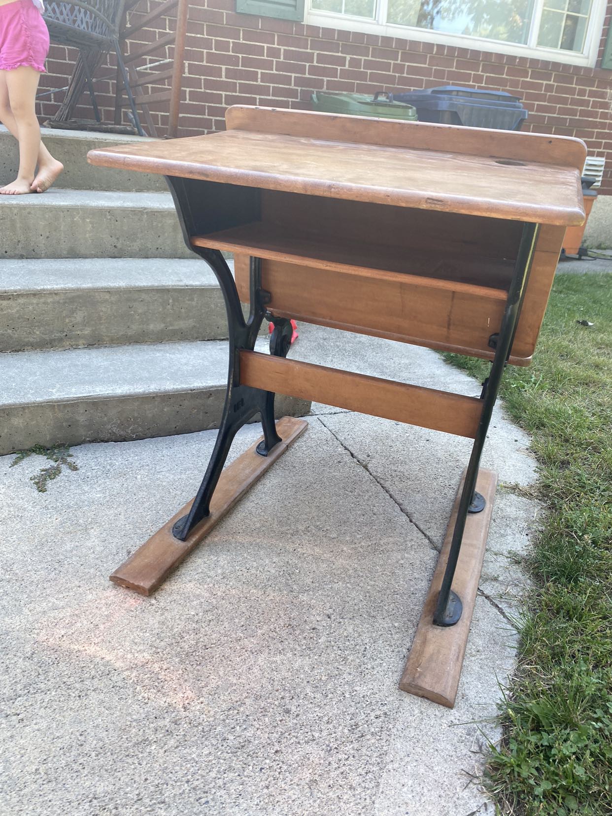 1800s antique school desk cast iron restored wood image indicator(4)