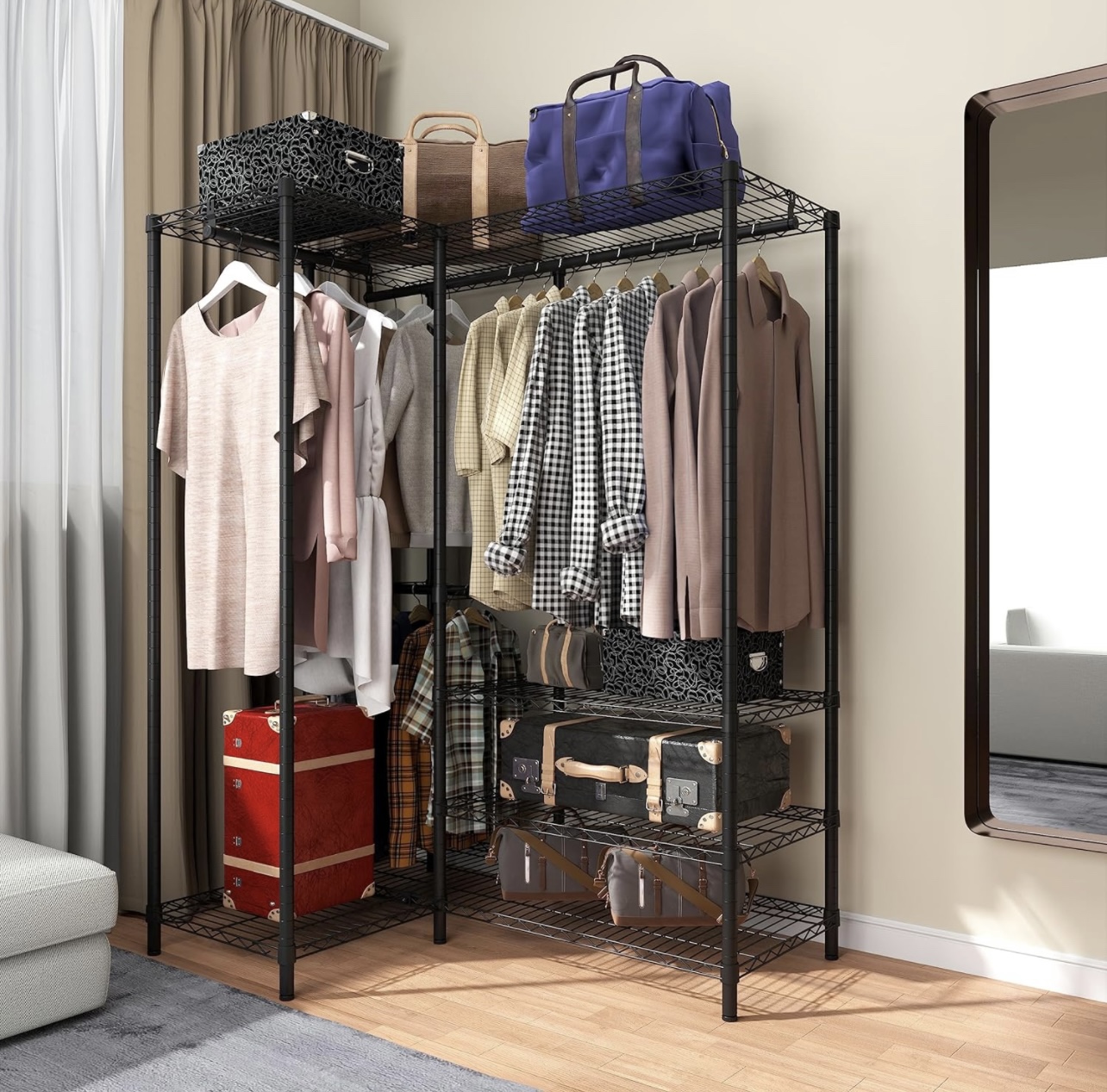 Metal Hanging Storage Organizer Rack Wardrobe w/ Shelves