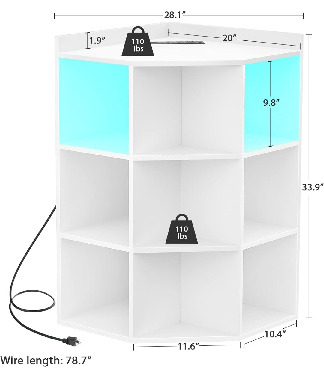 Corner Bookshelf with LED Lights and Power Outlets