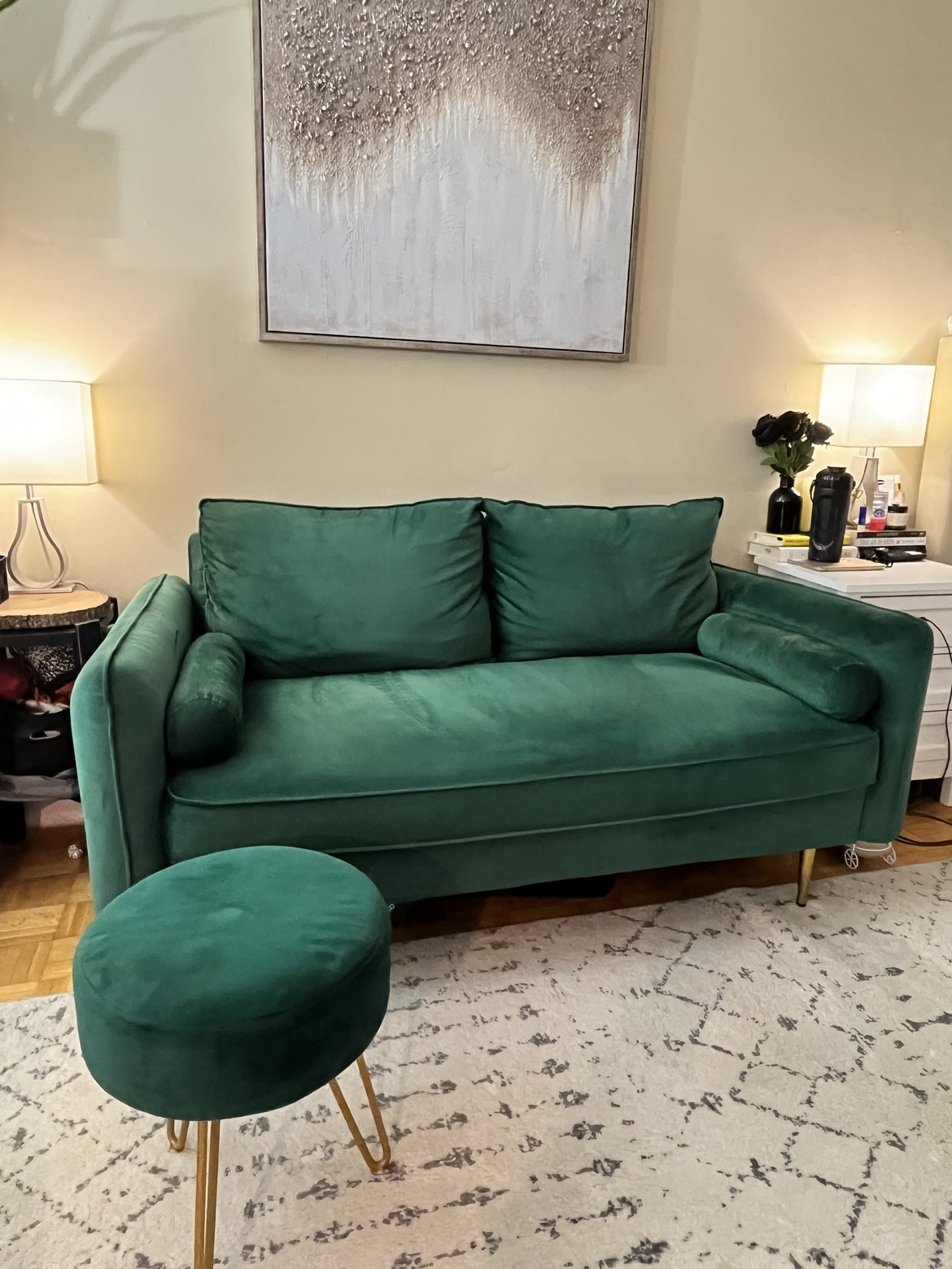 Emerald Green Velvet Loveseat & Footstool thumbnail