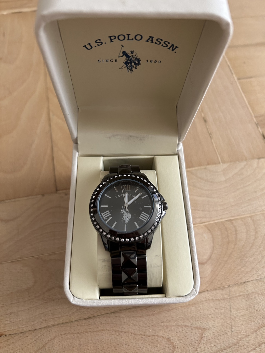 Polo watch black with white crystals thumbnail