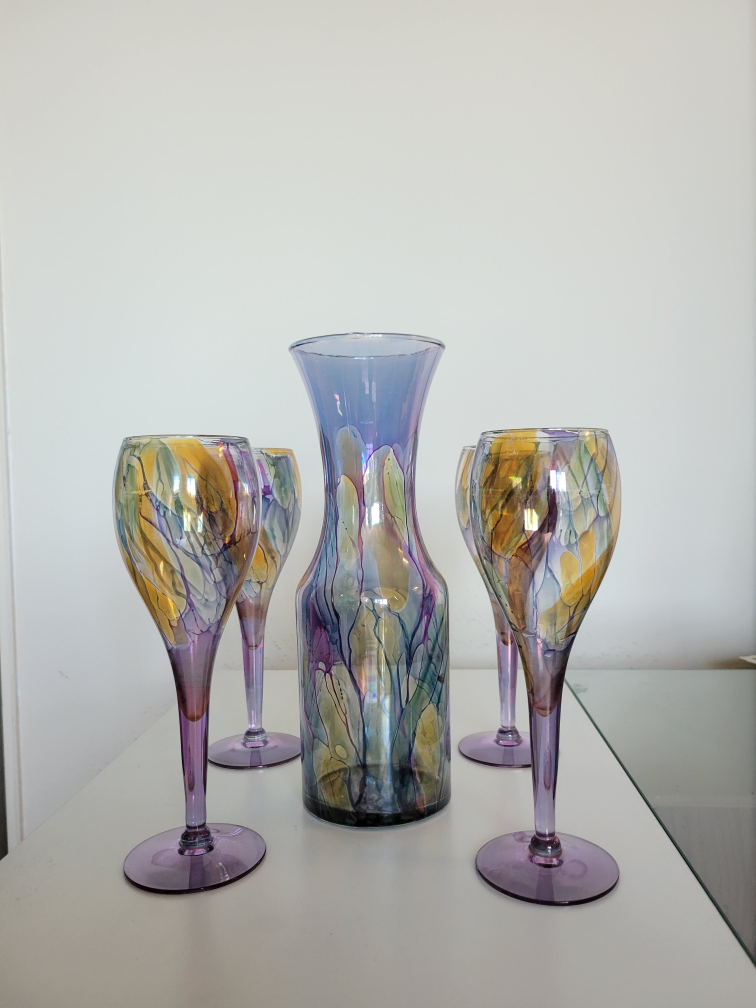 Four hand-painted wine glasses with decanter