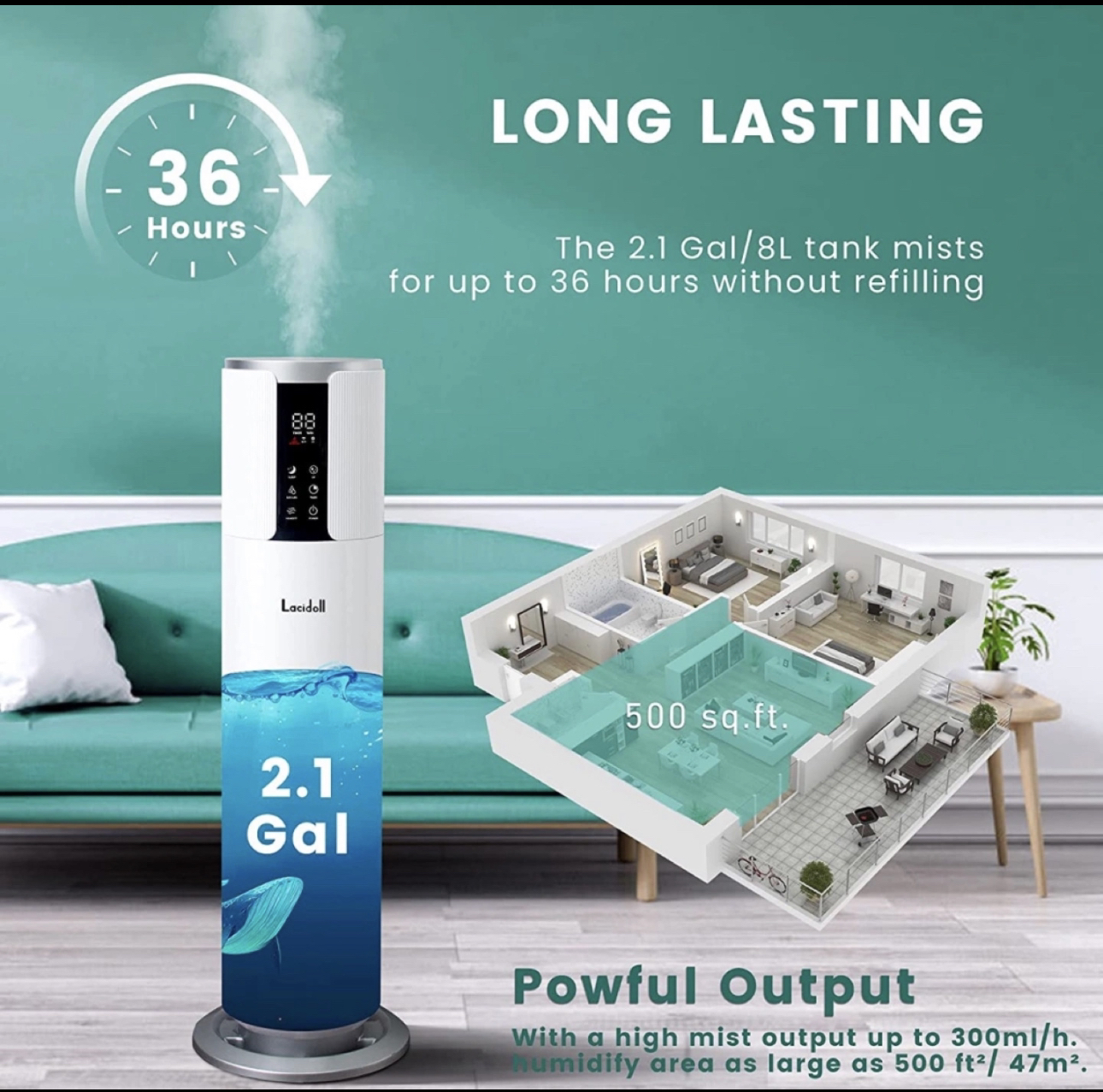 New Humidifiers LACIDOLL 8 L Top Fill Large Room Cool Mist image indicator(3)