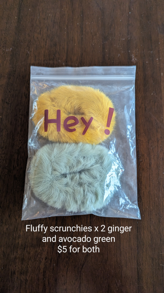 new fluffy scrunchies ginger and avocado green