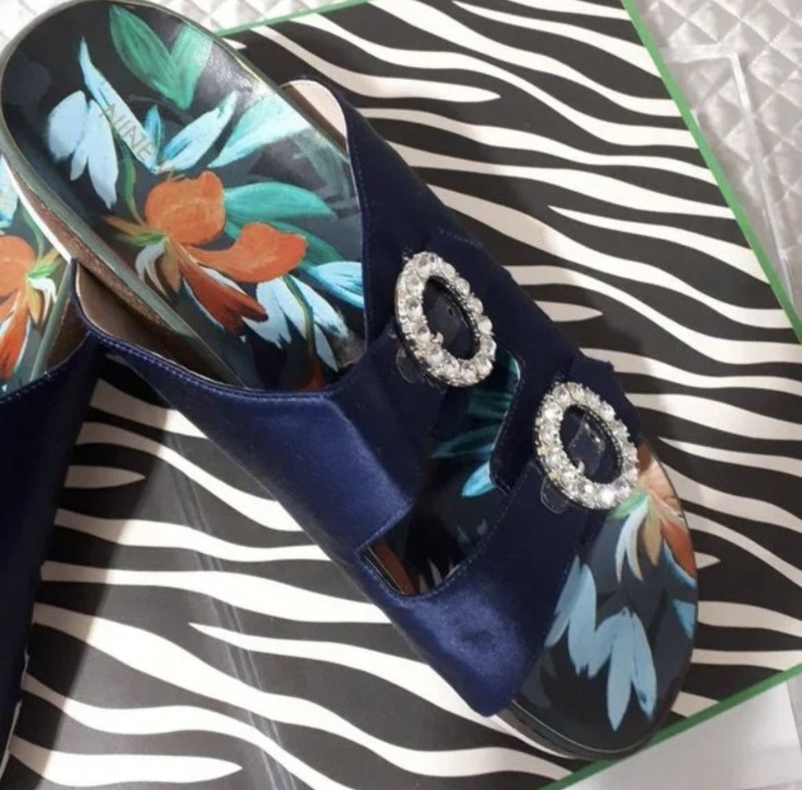 Nine West navy Satin slides with diamanté buckle - photo 2