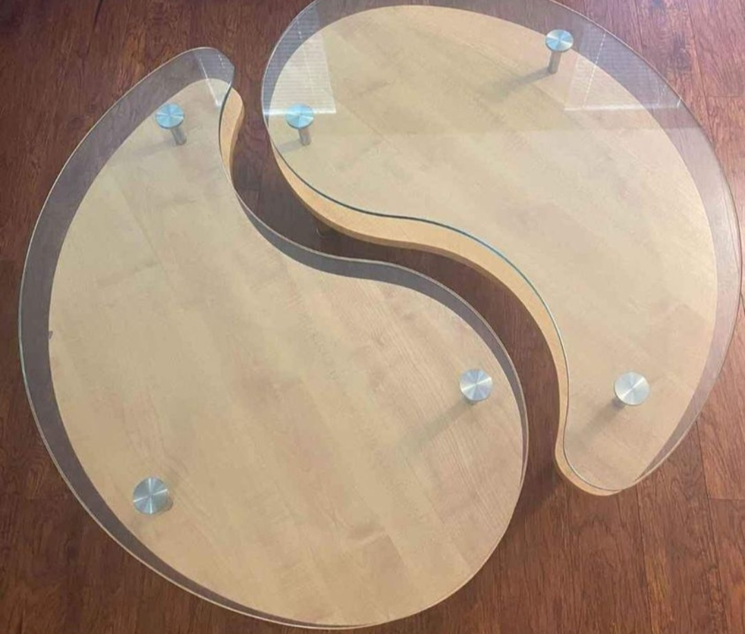 coffee table 2 piece glass wood round contemporary - photo 2