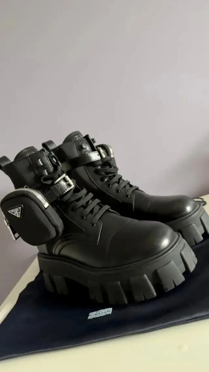 Prada Monolith Leather and Re-Nylon Boots with pouch size 39
