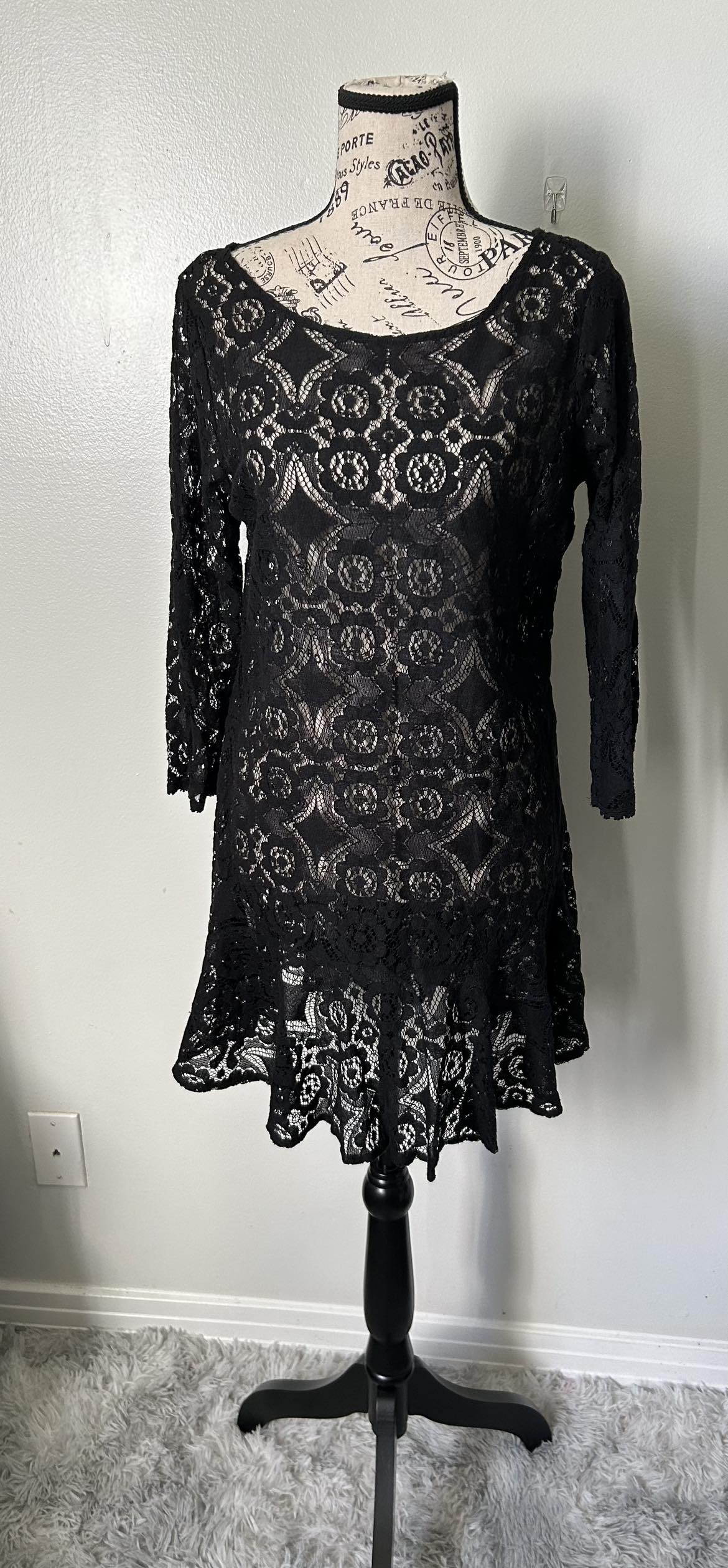 Free People Black Sheer Lace Ruffle Trim Tunic Top Mini Dress thumbnail