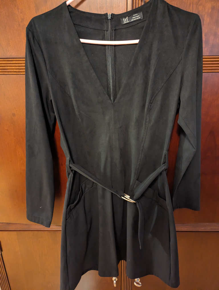 Faux suede belted dress - black