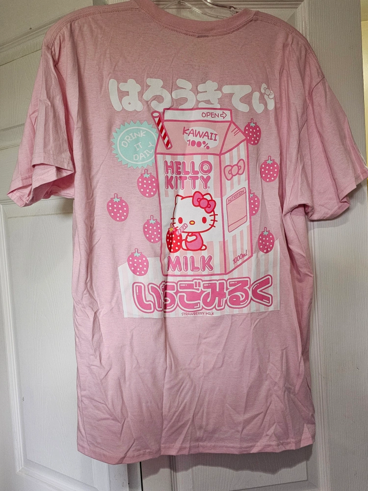 Hello Kitty, Tops, New L Sanrio Hello Kitty Strawberry Milk Pink Tshirt