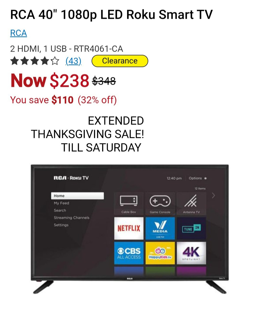 EXTENDED SALE! 40" ROKU SMART LED TV's $174.99 NO TAX thumbnail