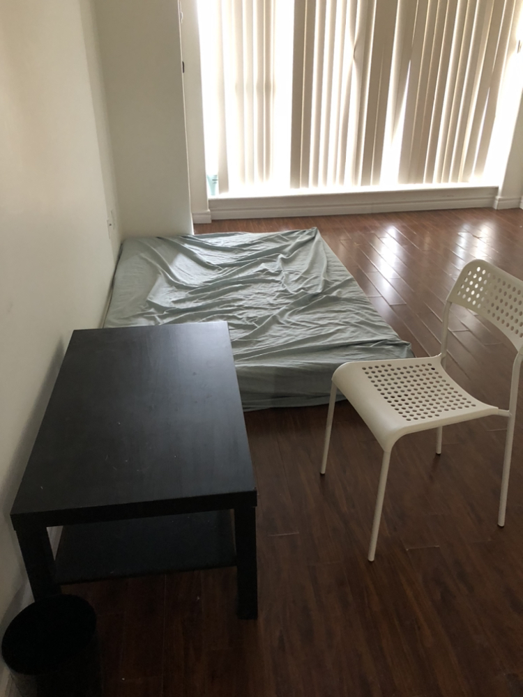 Spring mattress, table and chair