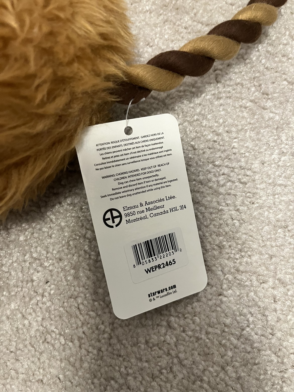 BNWT Star Wars Chewbacca dog toy with rope image indicator(2)