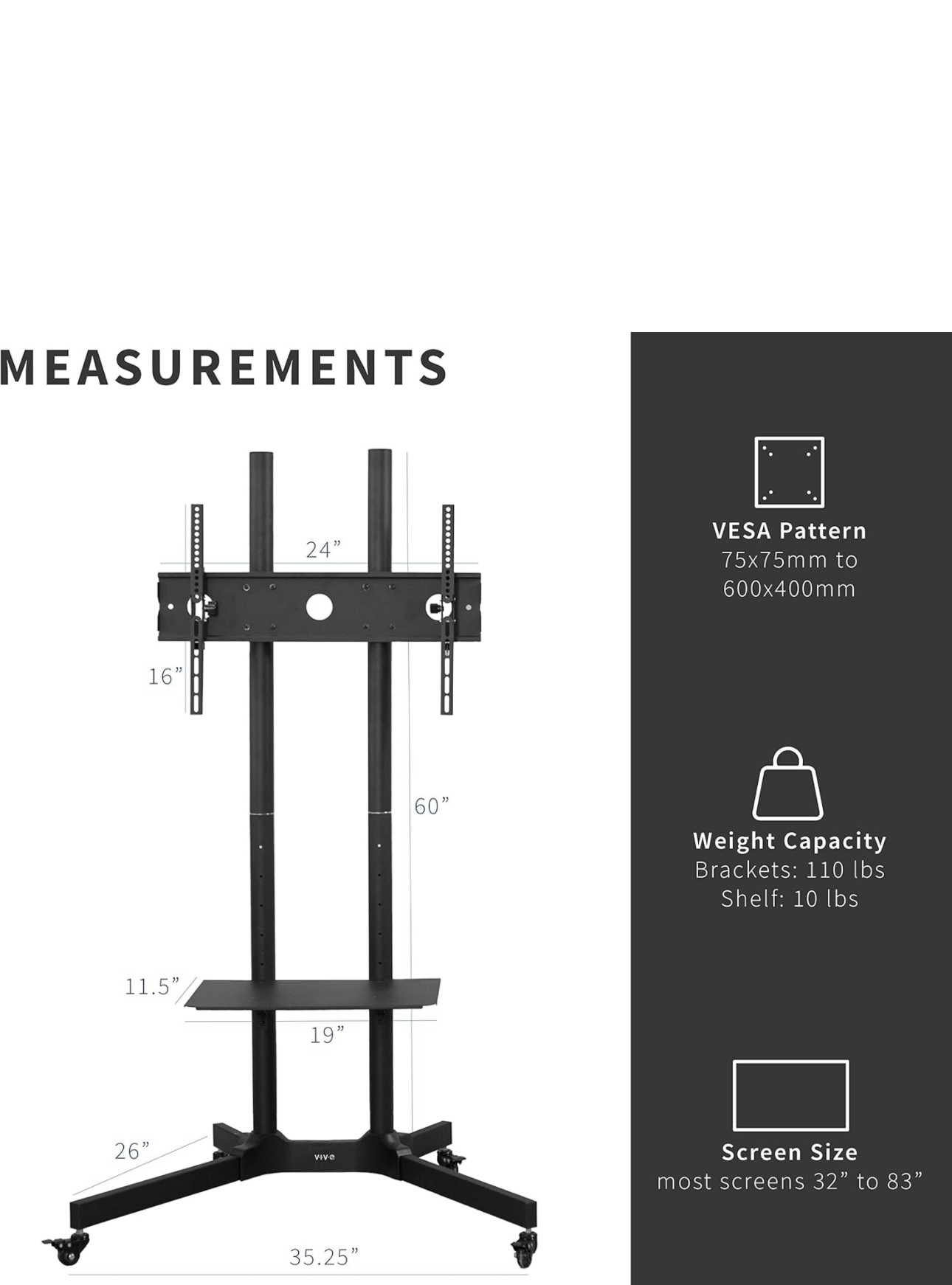 Mobile TV Cart for 32 to 83 inch Screens up to 110 lbs image indicator(2)