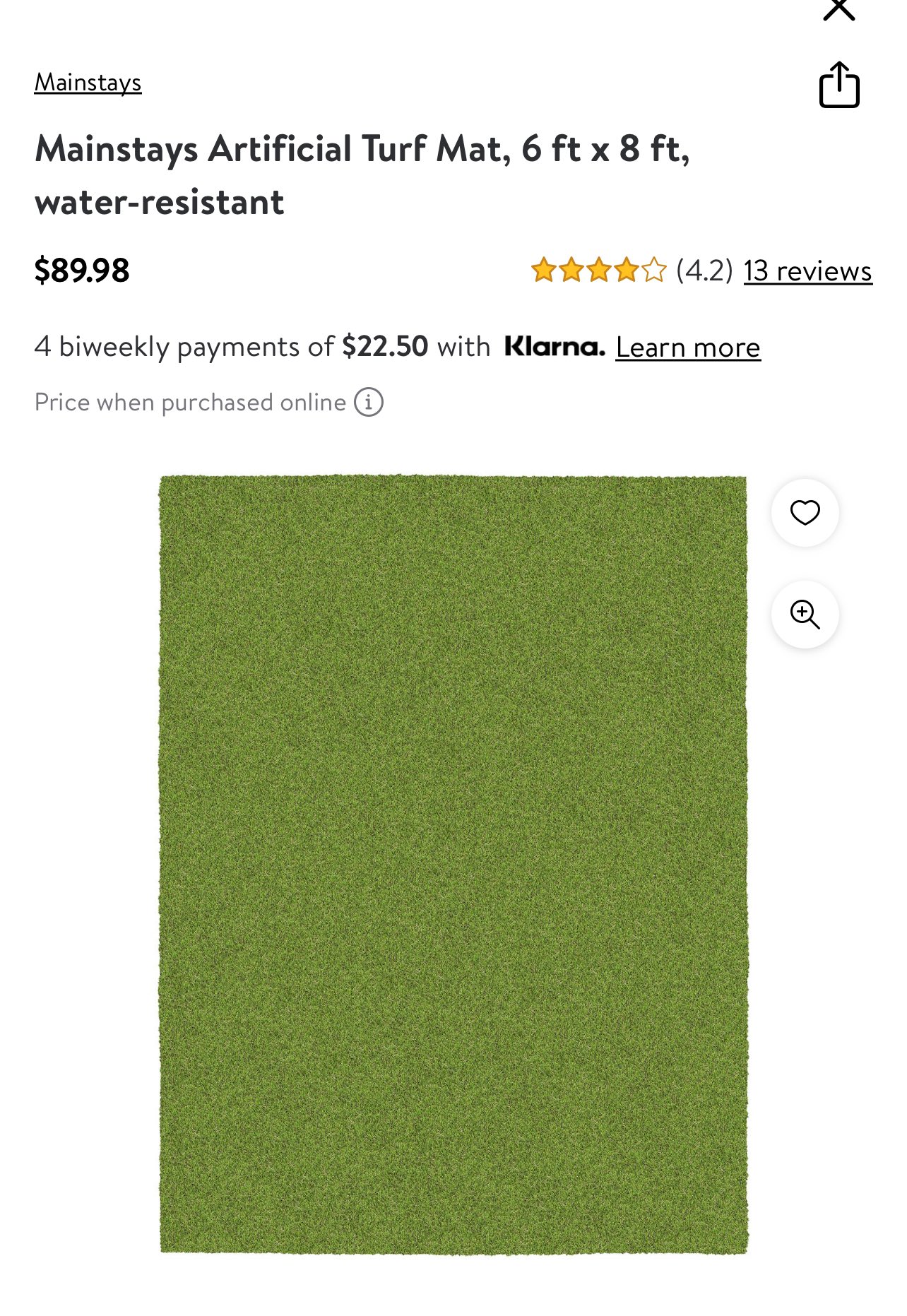 Mainstays Artificial Turf Mat, 6 ft x 8 ft, water-resistant - photo 3