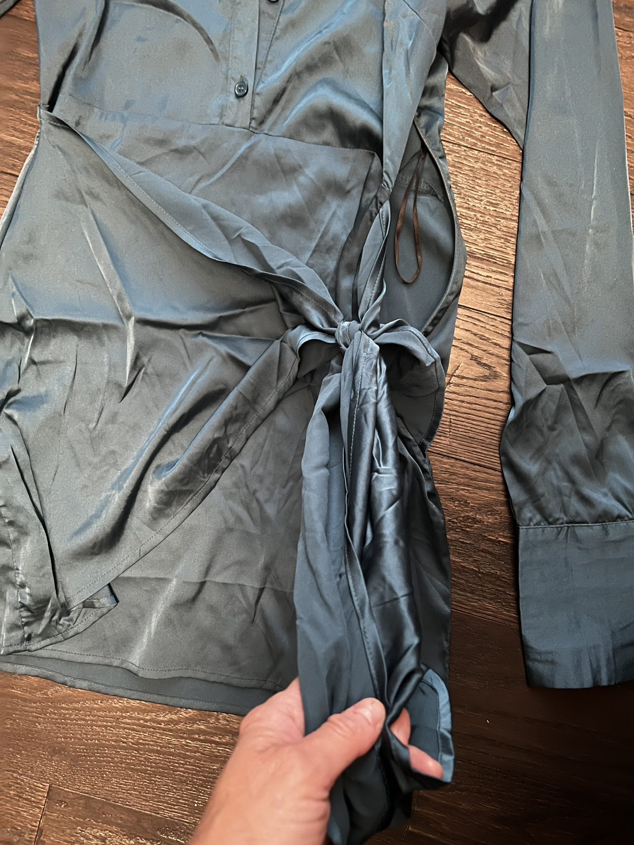 Teal silky mini dress image indicator(6)