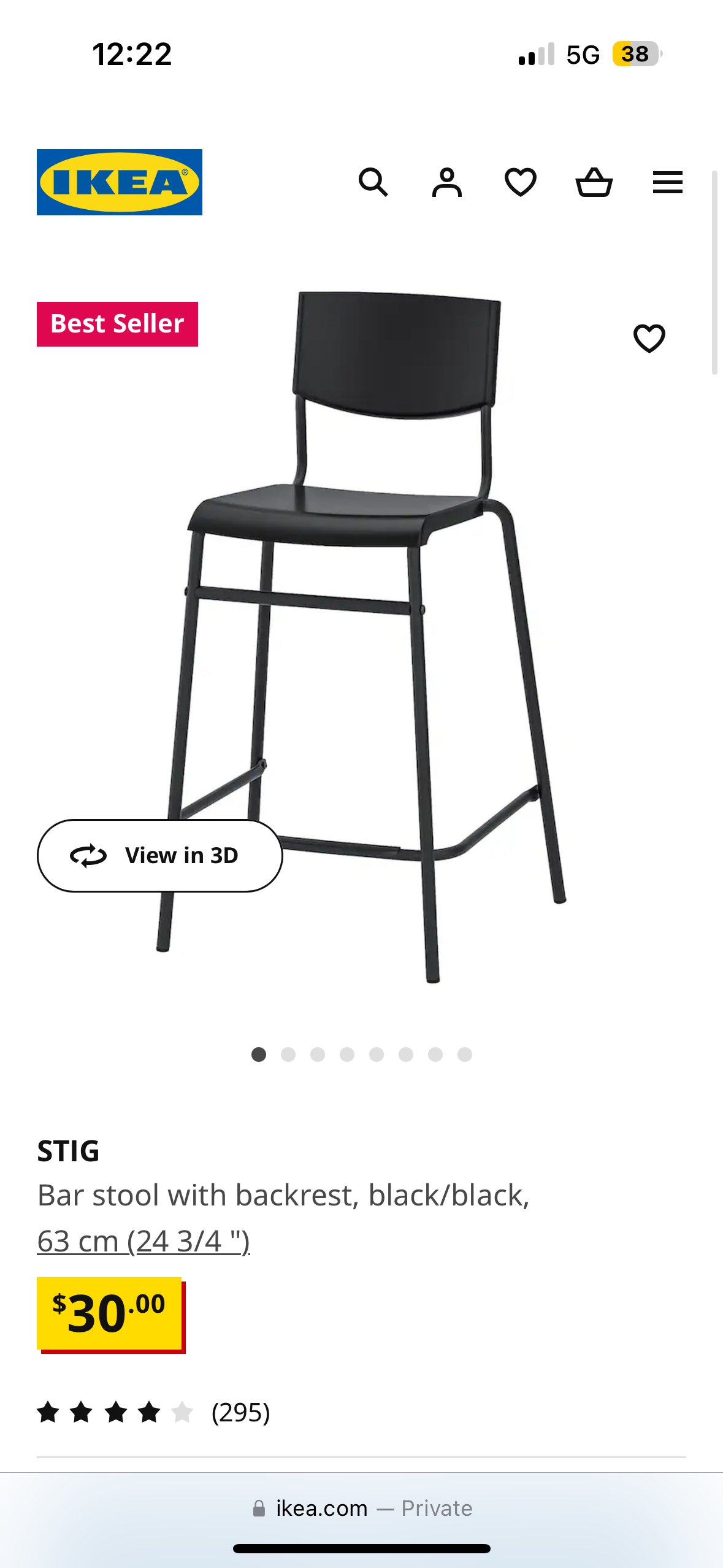 4 STIG Bar stool with backrest, black/black, 63 cm (24 3/4 ") - photo 3