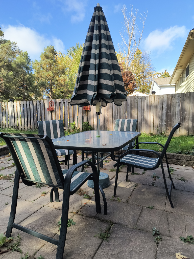 Backyard tables,  chairs, umbrella with stand