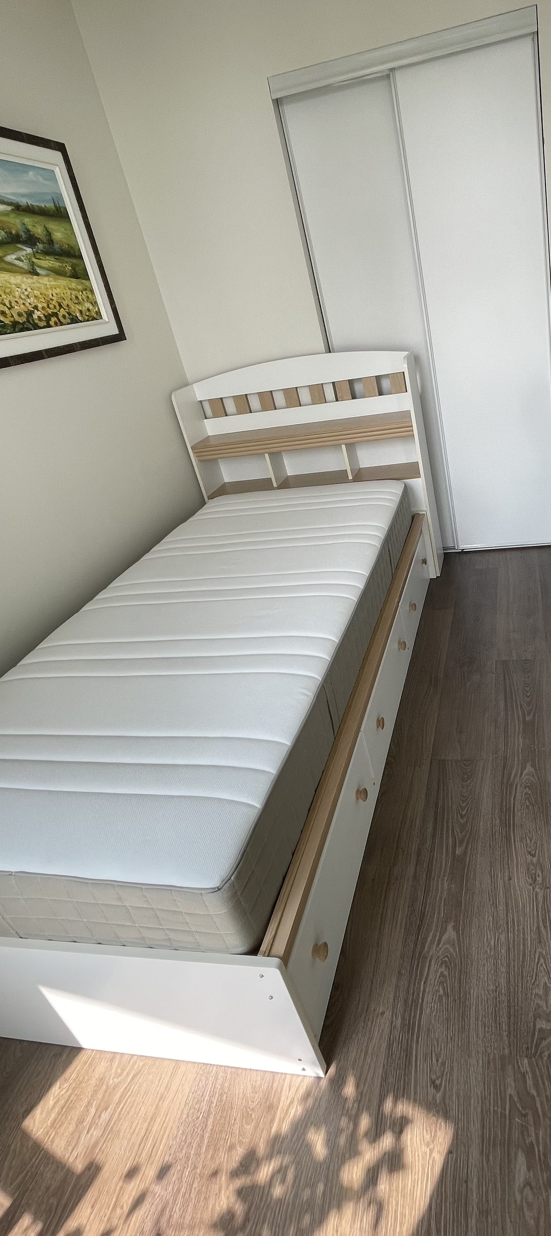 Single twin bed frame with 3 drawers & mattress thumbnail