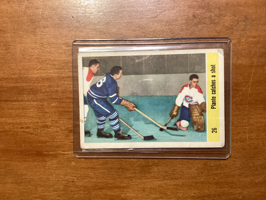 1958-59 PARKHURST “Plante catches a shot” trading card #26