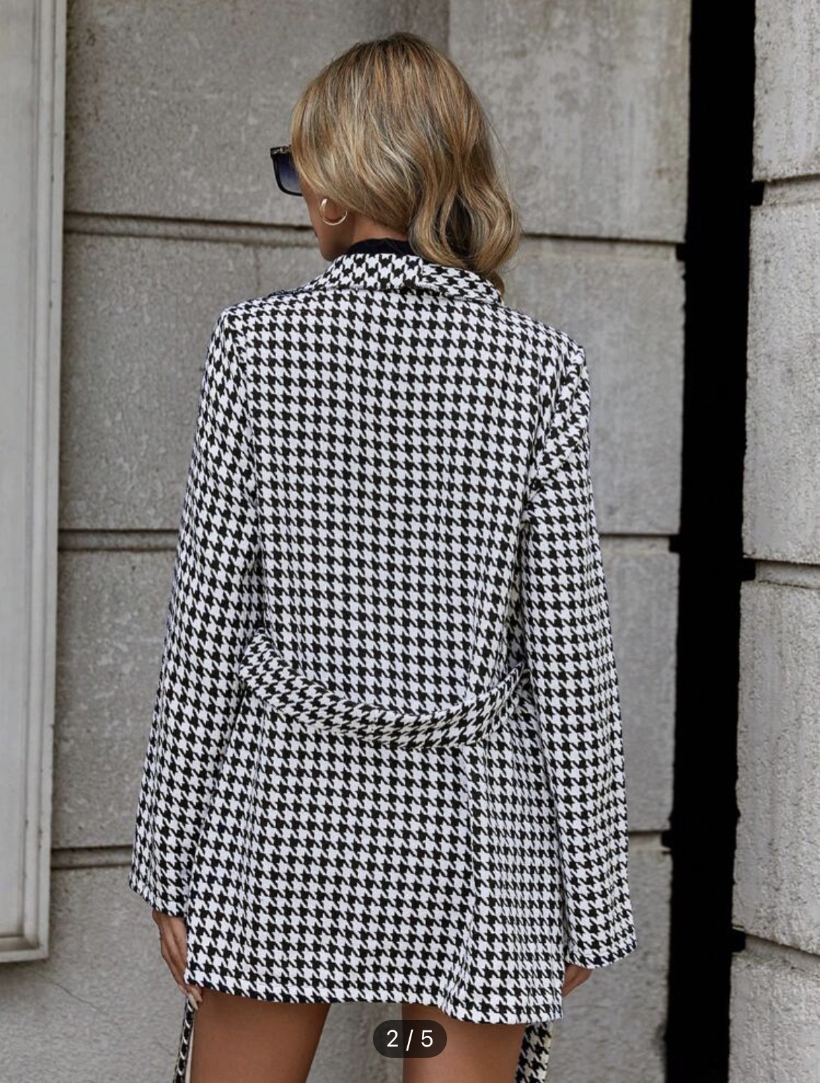 Houndstooth Print Waterfall Collar Belted Overcoat image indicator(4)