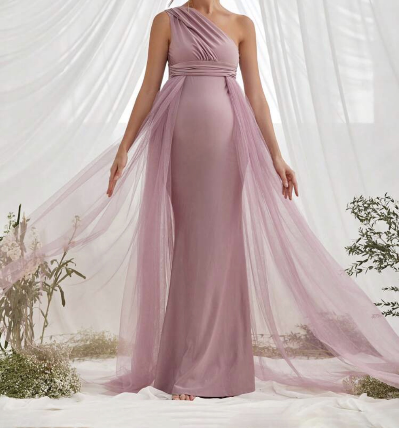 Maternity One Shoulder Mesh Overlay Dress - photo 2