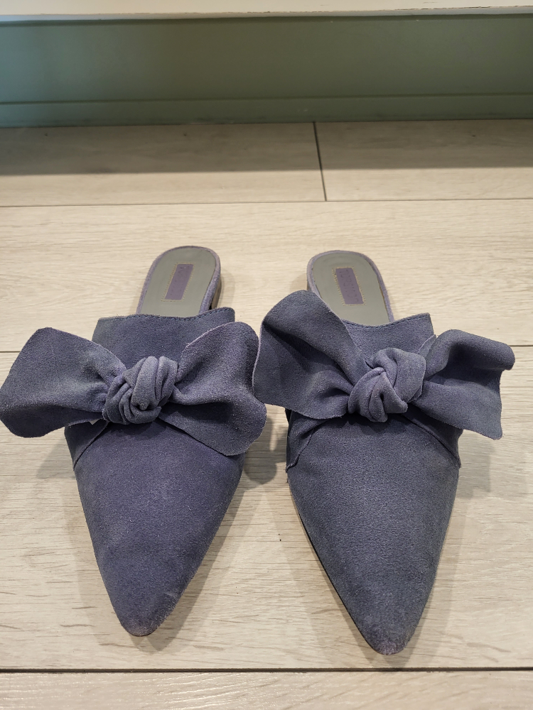 blue suede slides with bow