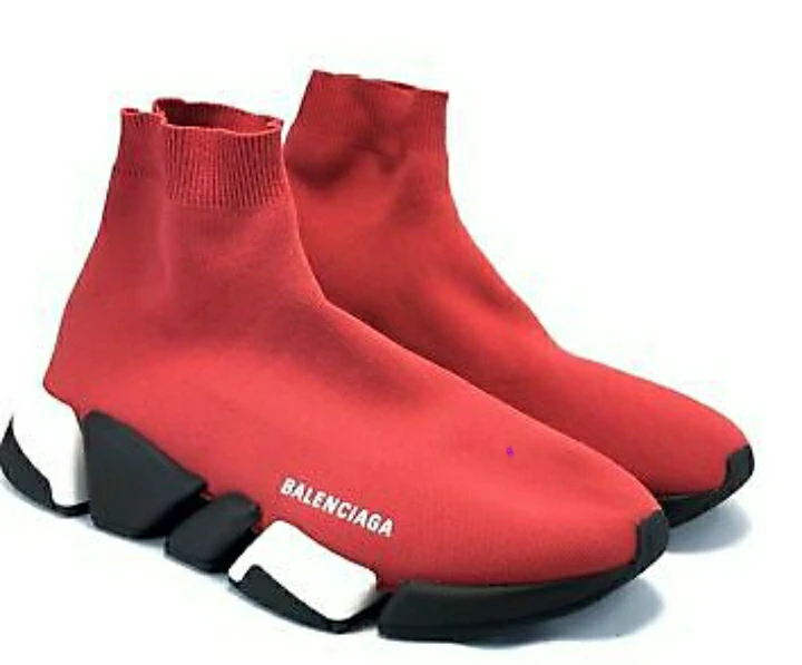Balenciaga Men - Red Black Logo High Top Knit Trainer Sneaker