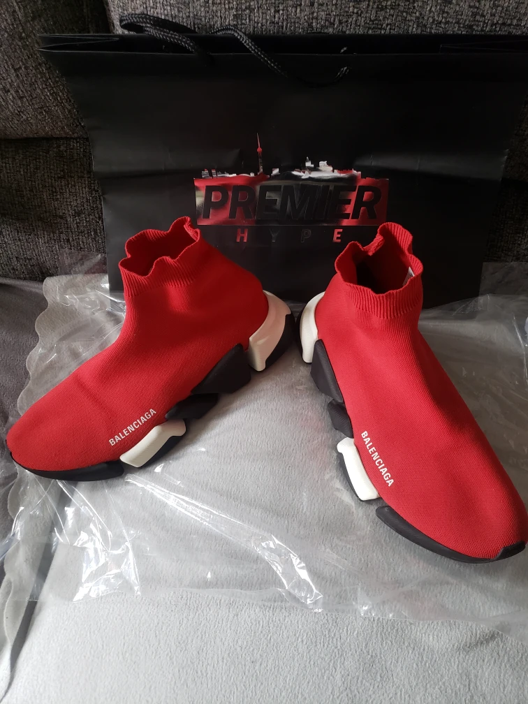 Balenciaga Men - Red Black Logo High Top Knit Trainer Sneaker - photo 2