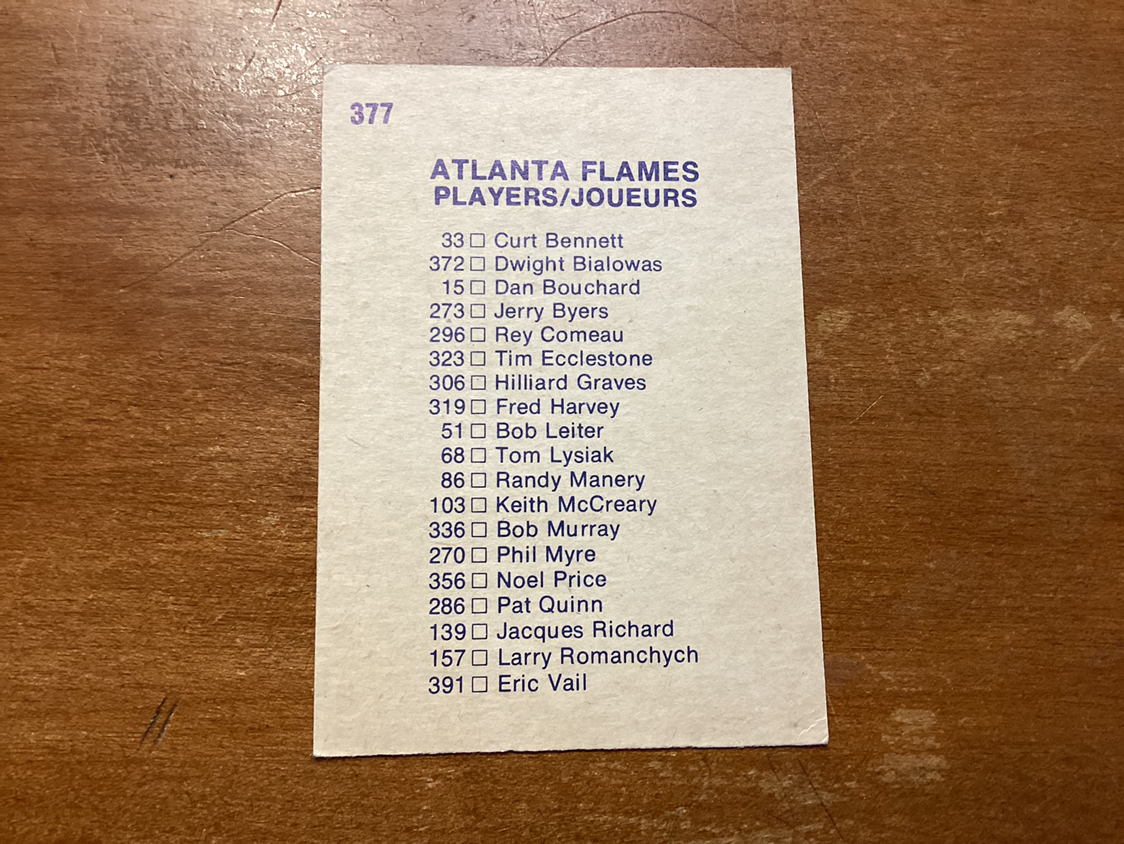 1974-75 O-PEE-CHEE ATLANTA FLAMES CHECKLIST Card 377 - photo 2
