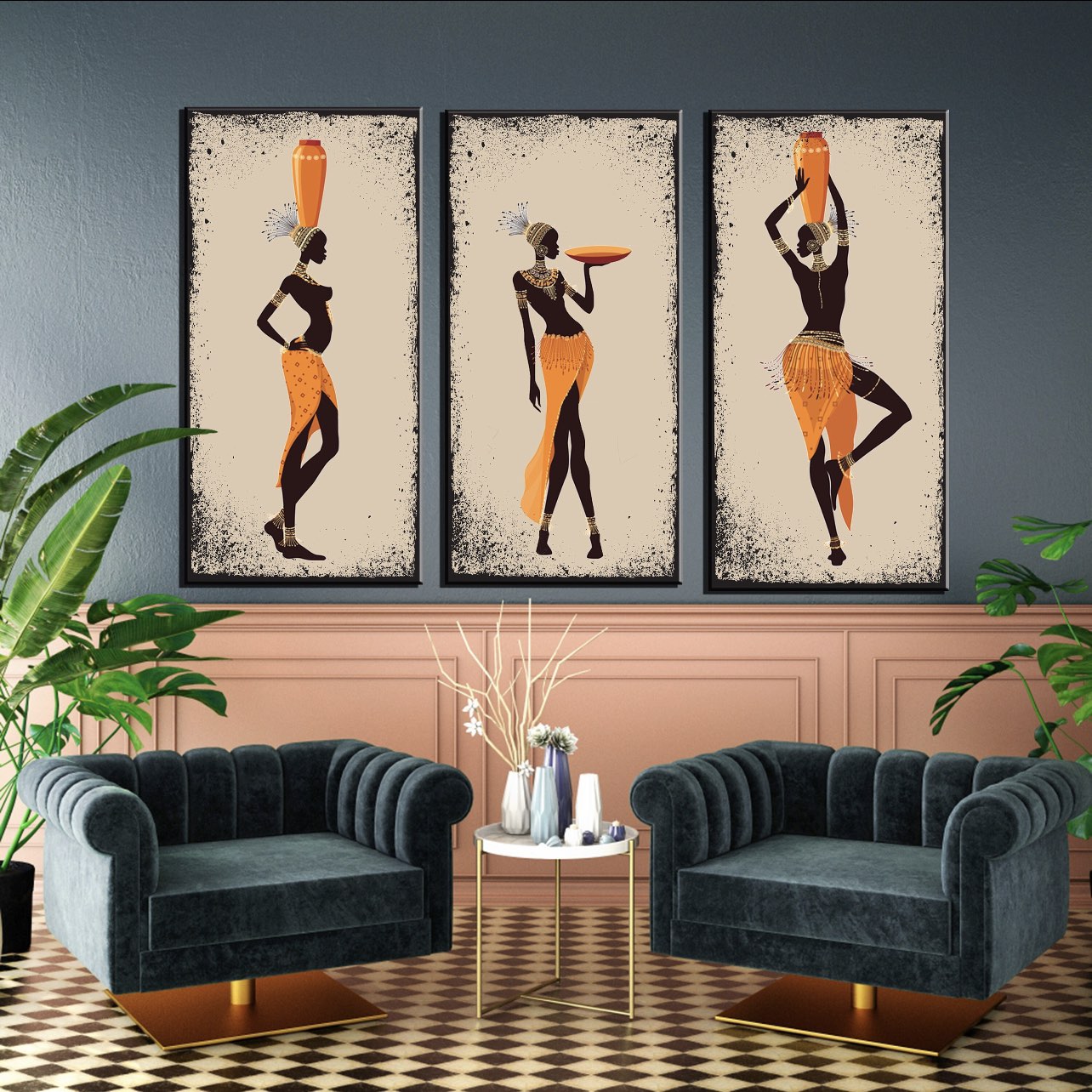 Set of 3 Ethnic Dancing African Women Artwork