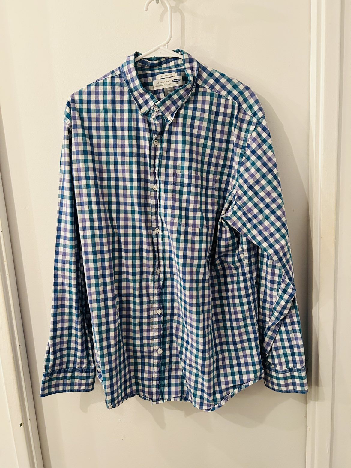 Blue and white check long sleeve button down shirt thumbnail
