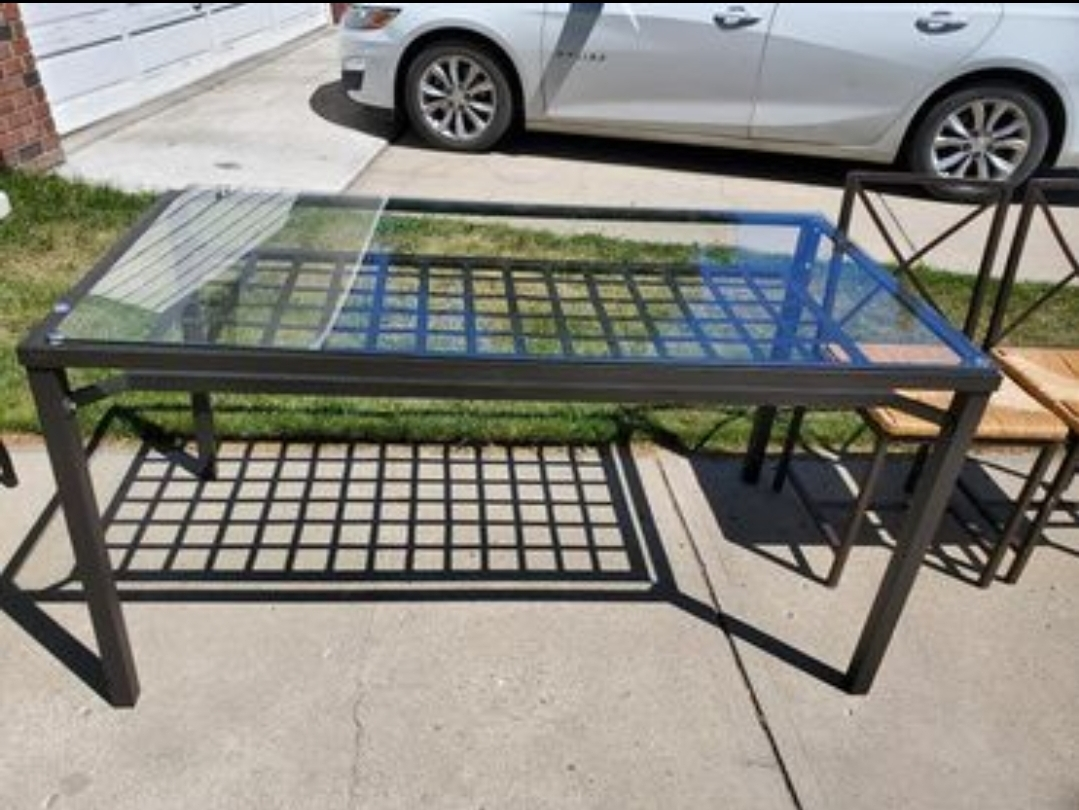 Iron and Glass Table w/ 4  Iron and Wicker Chairs