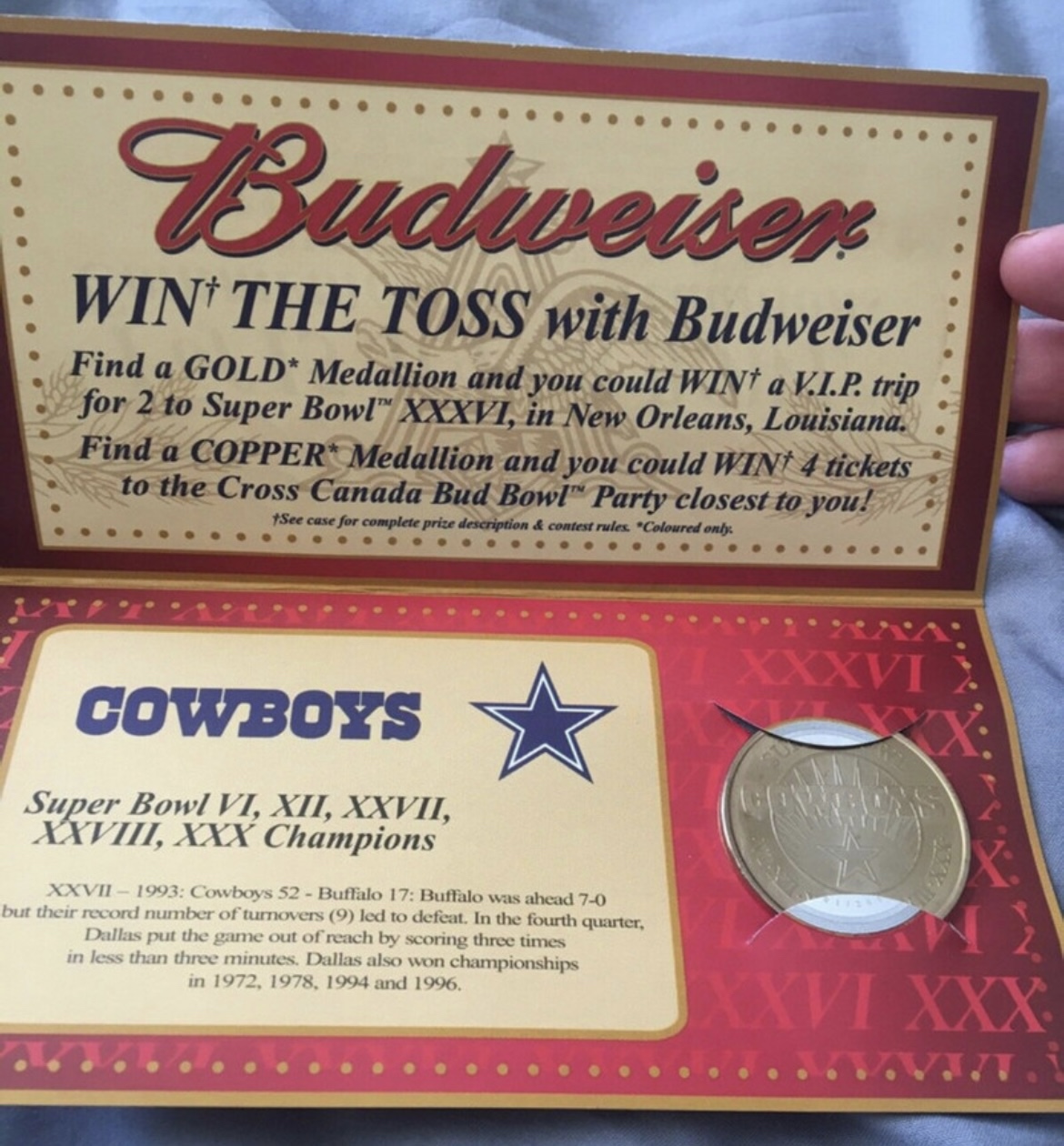 Dallas Cowboys 2001 Super Bowl  Medallion Coin Budweiser NFL