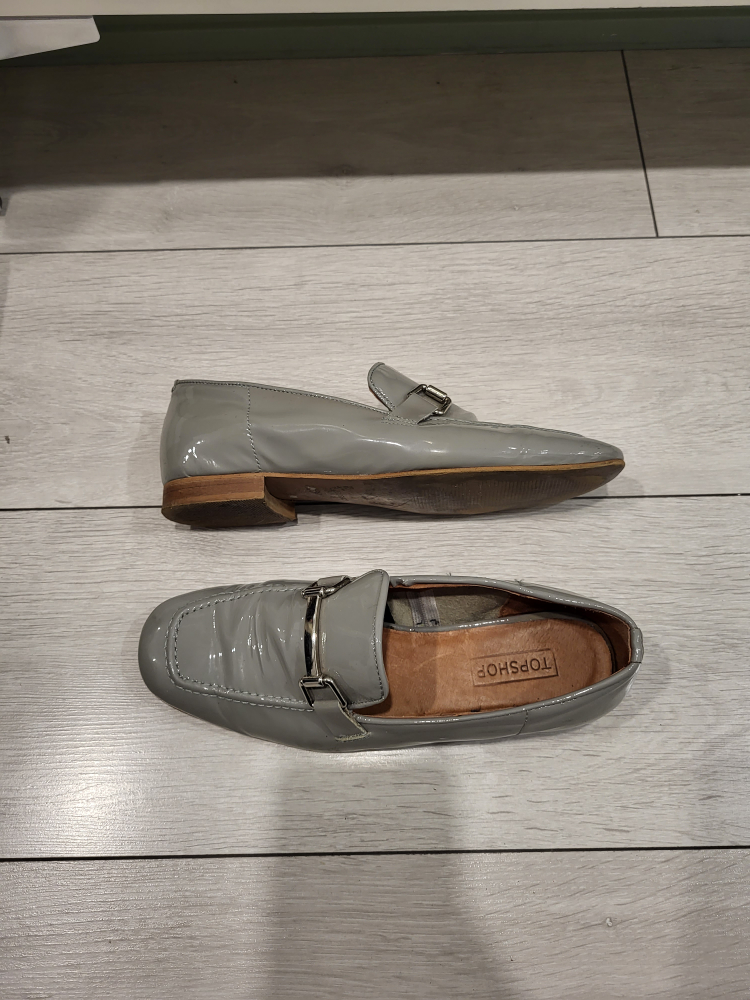 patent grey loafers