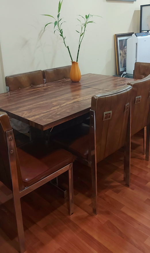 Solid Wood Dining Table w/ 6x Thick Leather Chairs